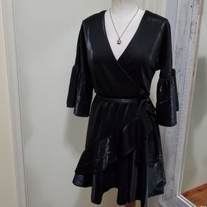 French Connection Ellette Shimmer Jersey Wrap Dress With Ruffle 4 Black NWT